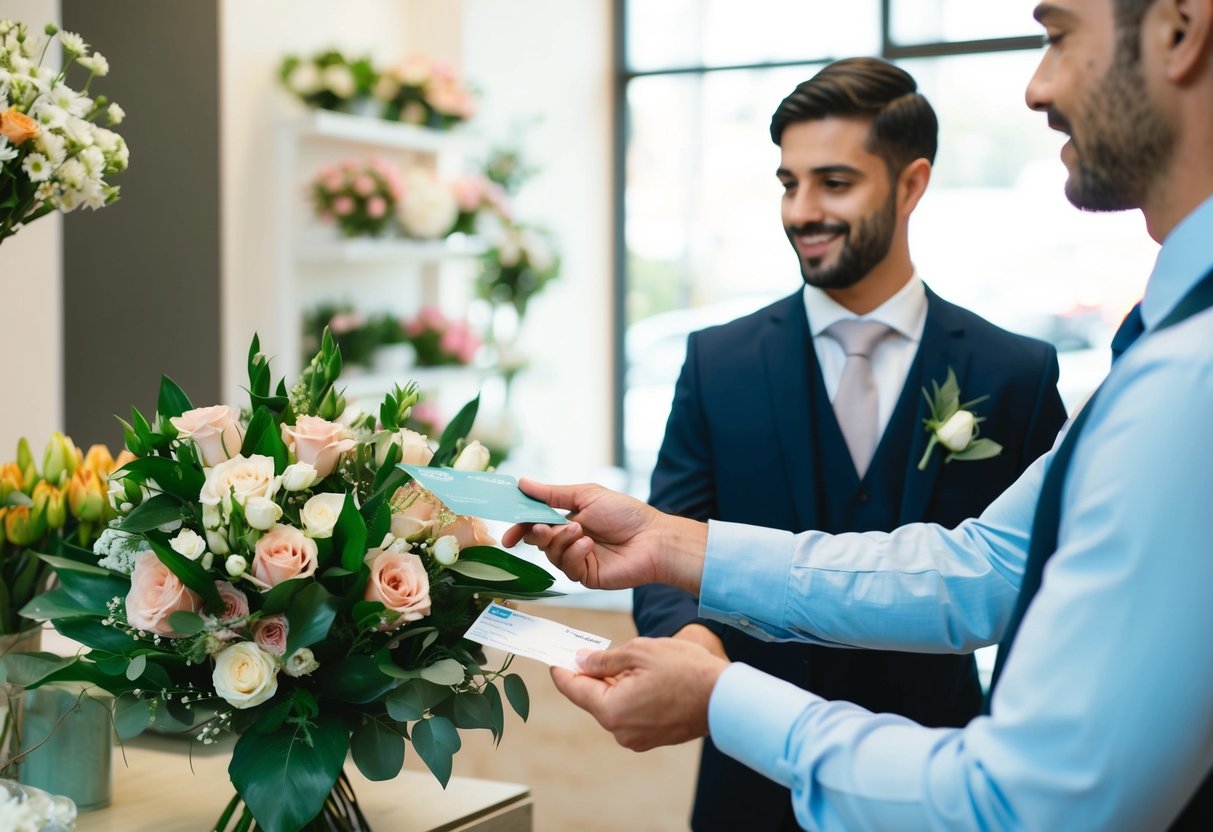 A groom handing over payment for a bouquet of flowers to a florist