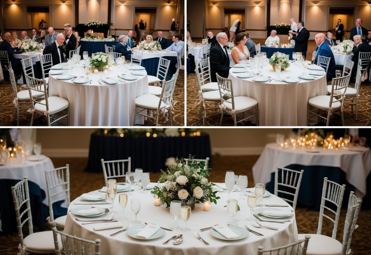 A wedding reception with two separate tables for the parents and in-laws, each with reserved seating for a specific number of guests