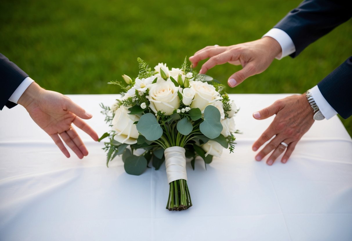 A wedding bouquet and boutonniere lay on a table with two sets of hands reaching towards them, representing the bride and groom's families sharing the cost of flowers