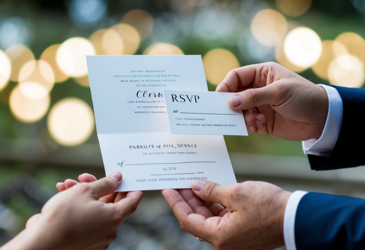A couple receiving a wedding invitation with a detachable RSVP card, indicating space for the parents to confirm their attendance and the number of guests accompanying them