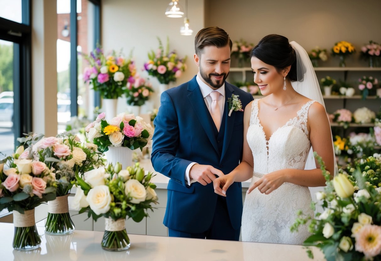 A bride and groom stand at a floral shop counter, discussing and pointing to various bouquets and arrangements. The florist listens attentively, ready to assist