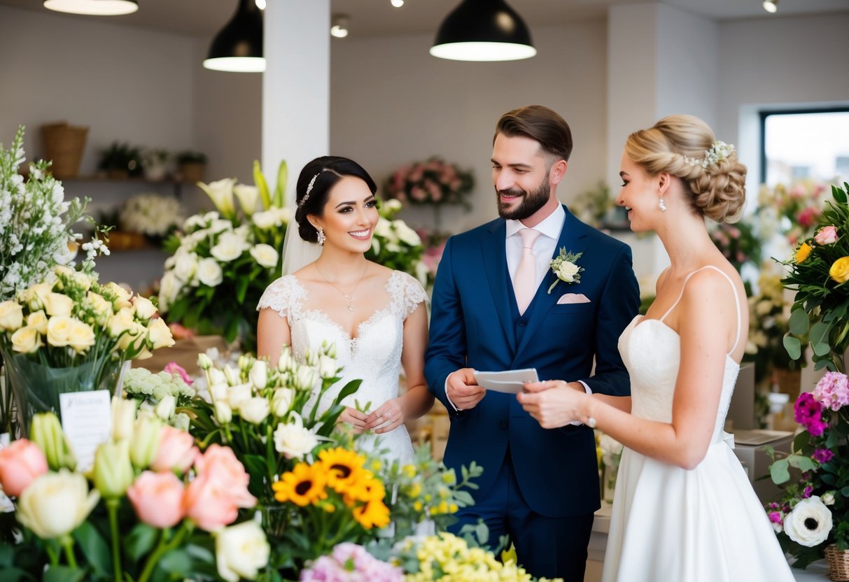 A bride and groom stand at a floral shop, discussing and selecting various flowers for their wedding. The florist presents different options as the couple carefully considers their choices