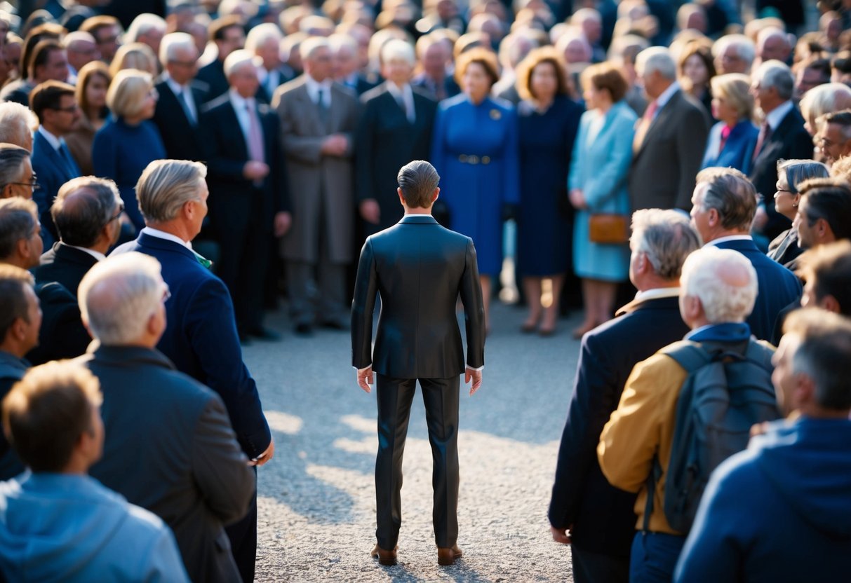 A figure stands at the center, facing another figure. They are surrounded by a gathering of onlookers, with a sense of anticipation and celebration in the air