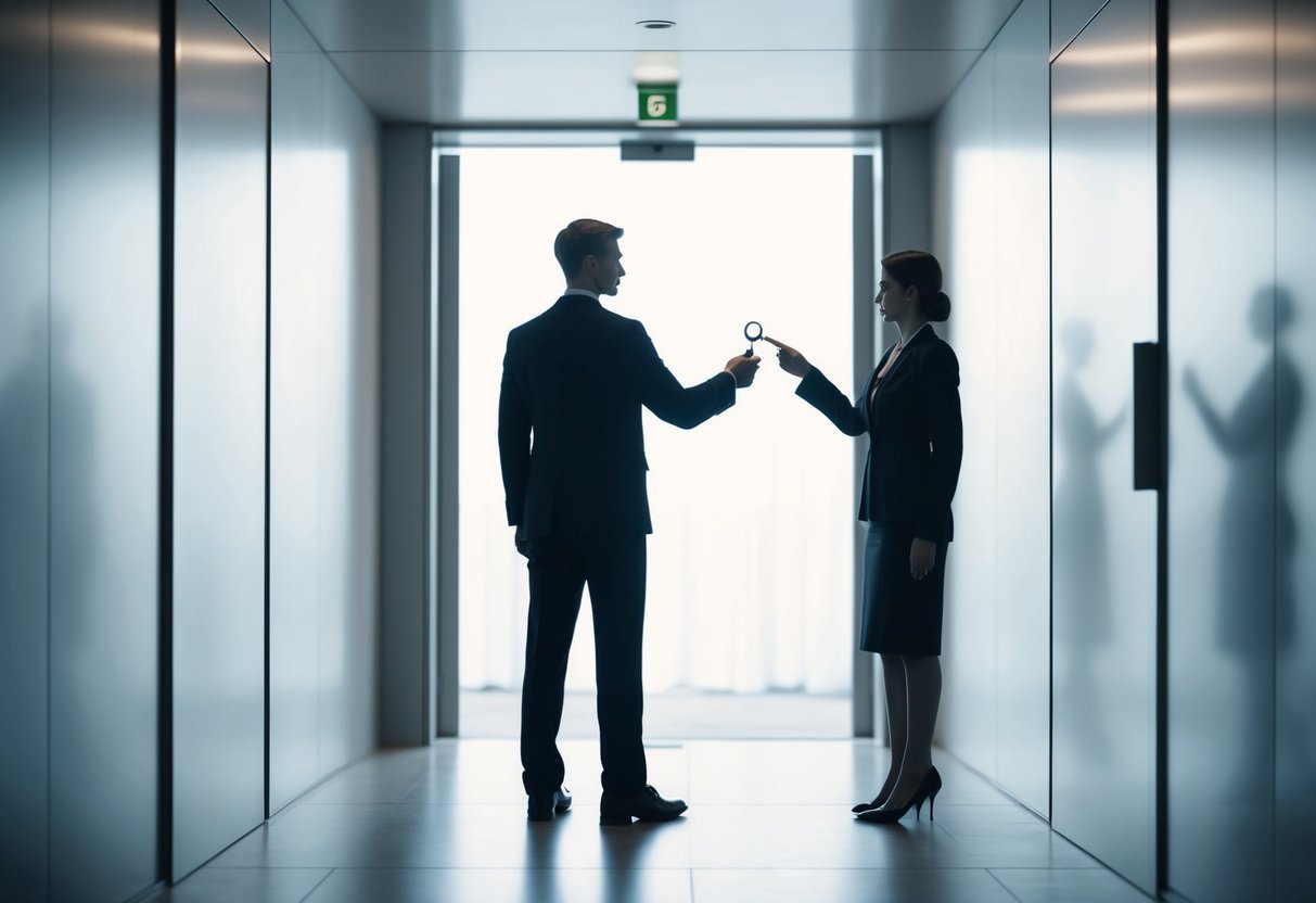 A figure stands at the entrance of a modern, minimalist venue, symbolically passing a key or object to another figure