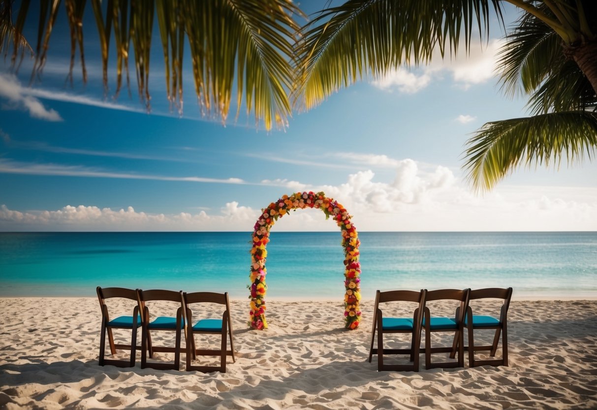A tropical beach setting with a decorated arch and chairs facing the ocean