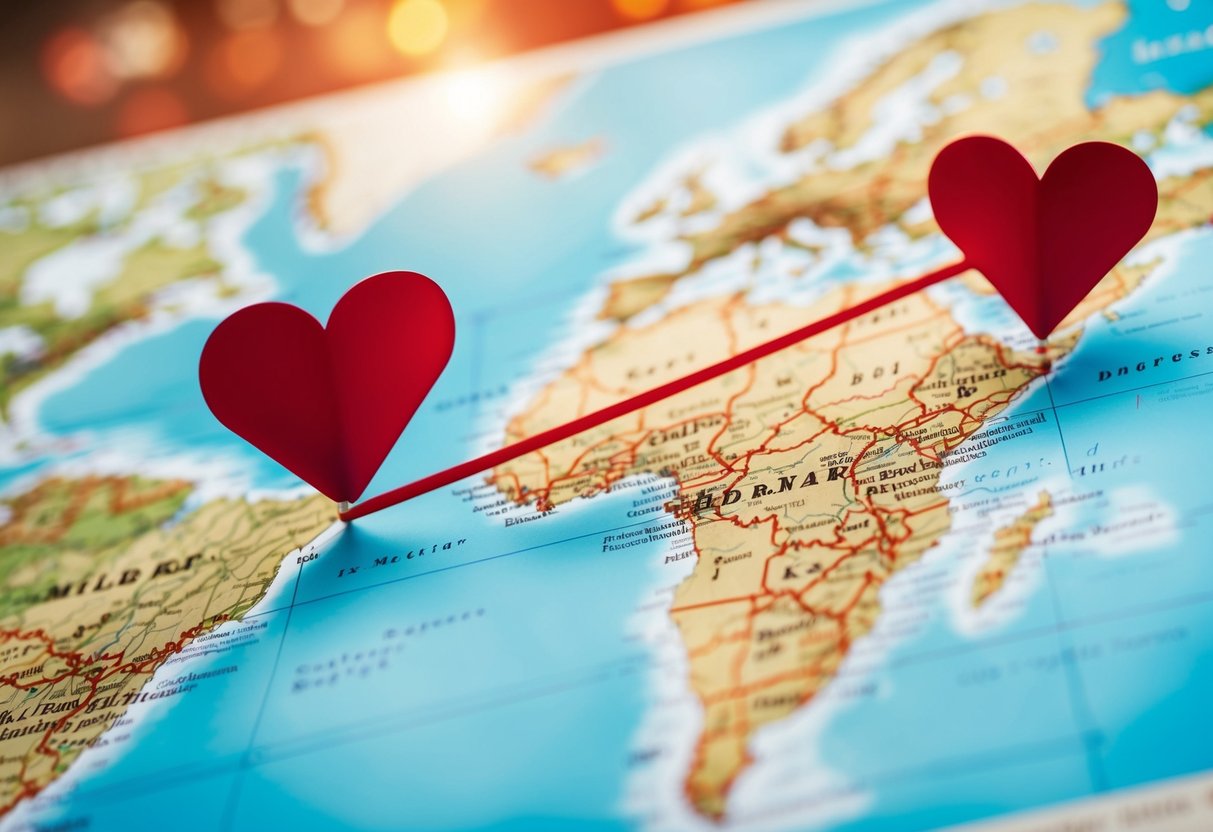 A map with two distant locations connected by a broken heart line