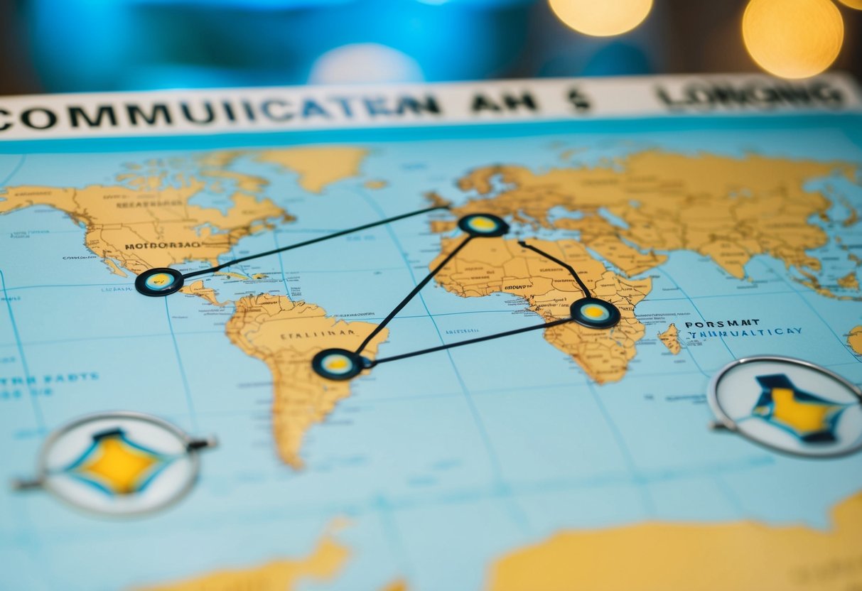 A map with two distant points connected by a dotted line, surrounded by symbols of communication and longing