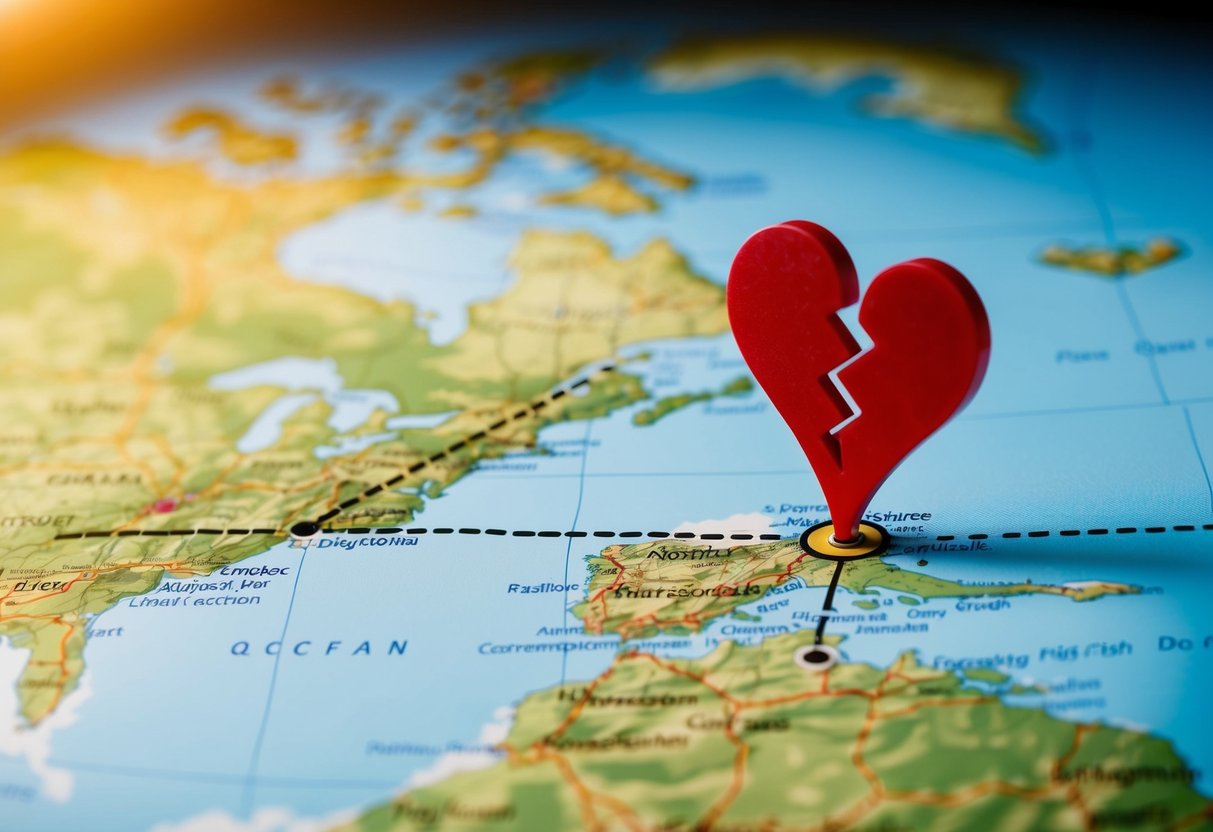 A map with two distant locations connected by a dotted line, with a broken heart symbol over one location