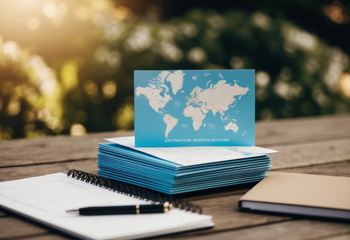 A stack of elegant invitations with a map of the destination wedding location, a pen, and a notebook for tracking RSVPs