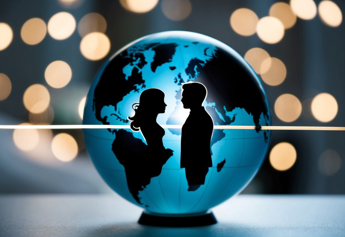 A couple's silhouettes on opposite sides of a globe, connected by a thin line representing their long distance marriage