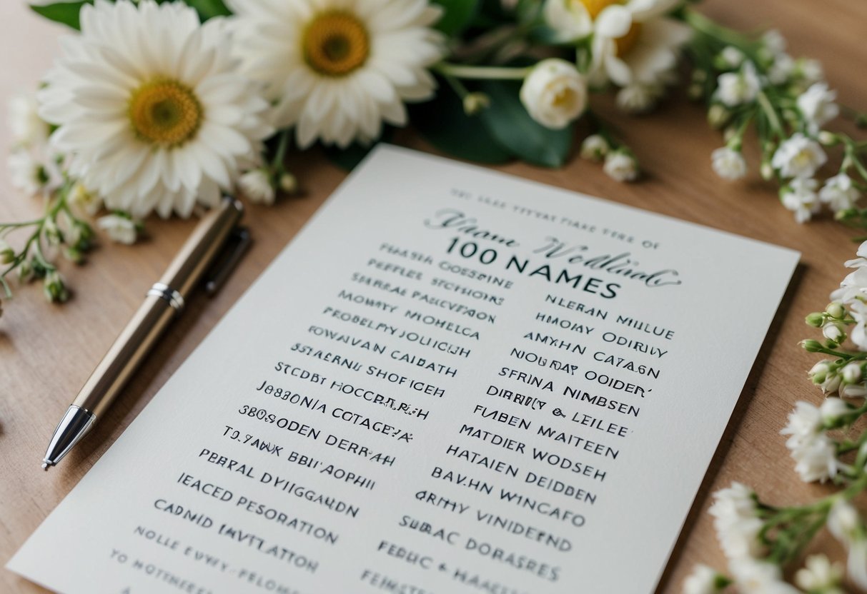 A wedding invitation with a list of 100 names, surrounded by floral decorations and a pen