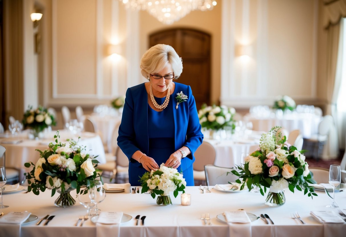 The mother of the bride adjusts the flower arrangements on the tables