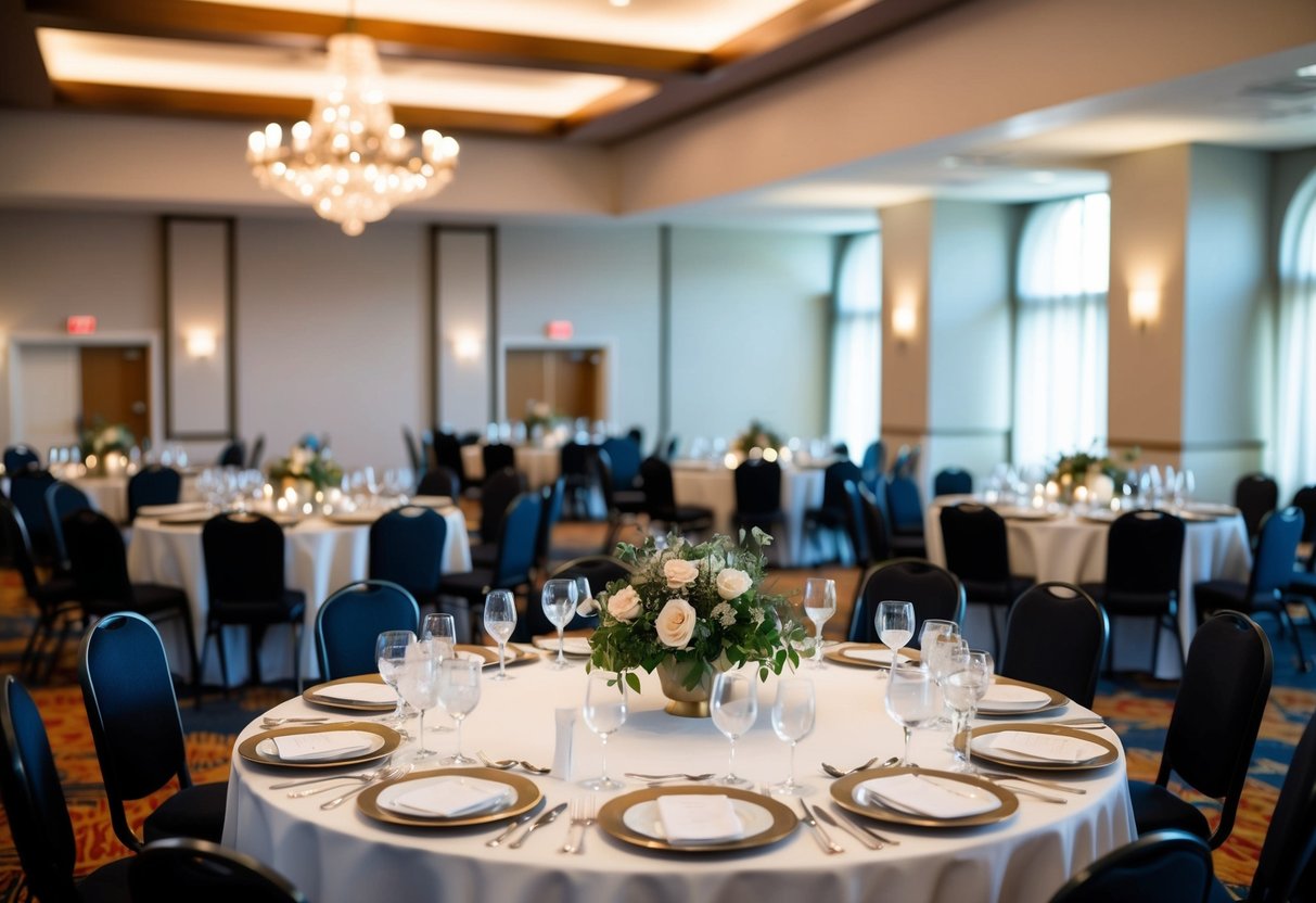 A banquet hall with 100 place settings, floral centerpieces, and a seating chart