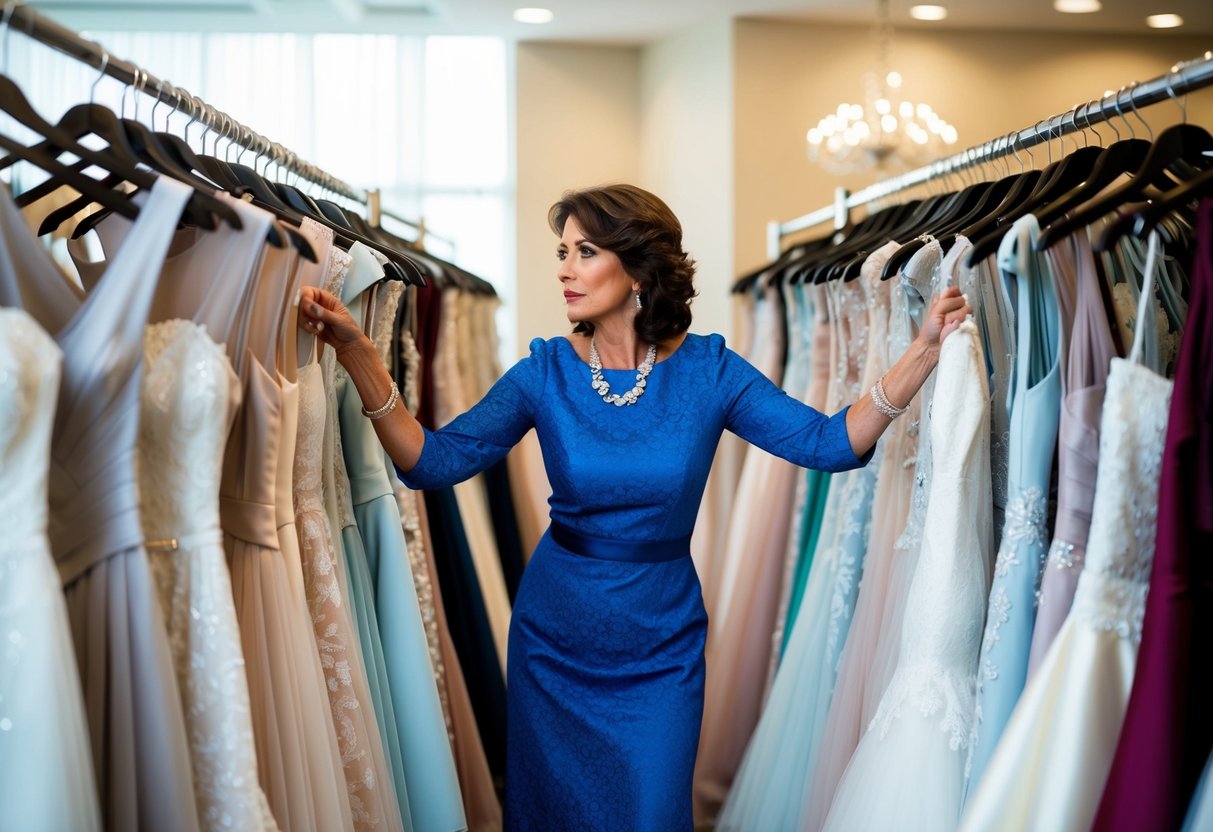 A woman sifts through racks of elegant dresses, holding up different options and examining them closely. She looks determined to find the perfect attire for her daughter's wedding