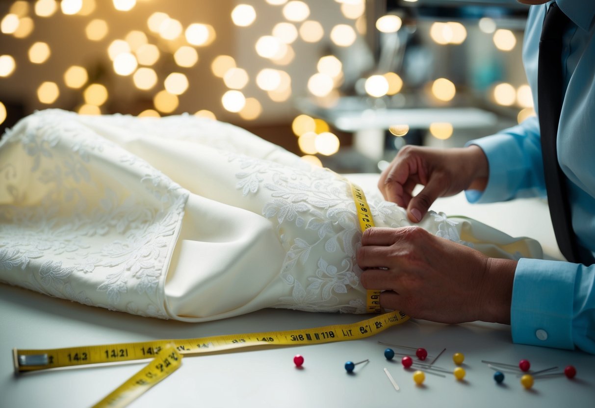 A wedding dress being taken in multiple sizes by a tailor, with measuring tape and pins scattered on a work table
