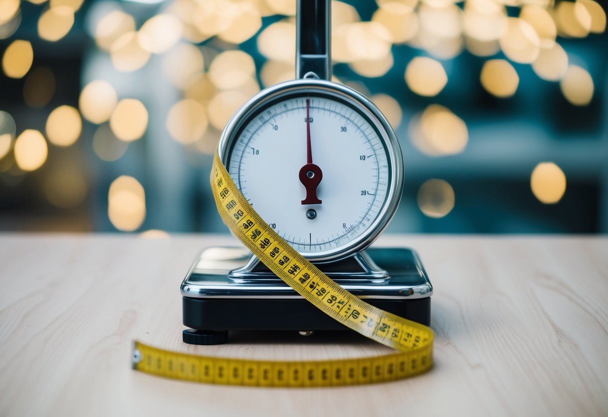 A scale with a measuring tape wrapped around it, showing the numbers decreasing as the weight decreases