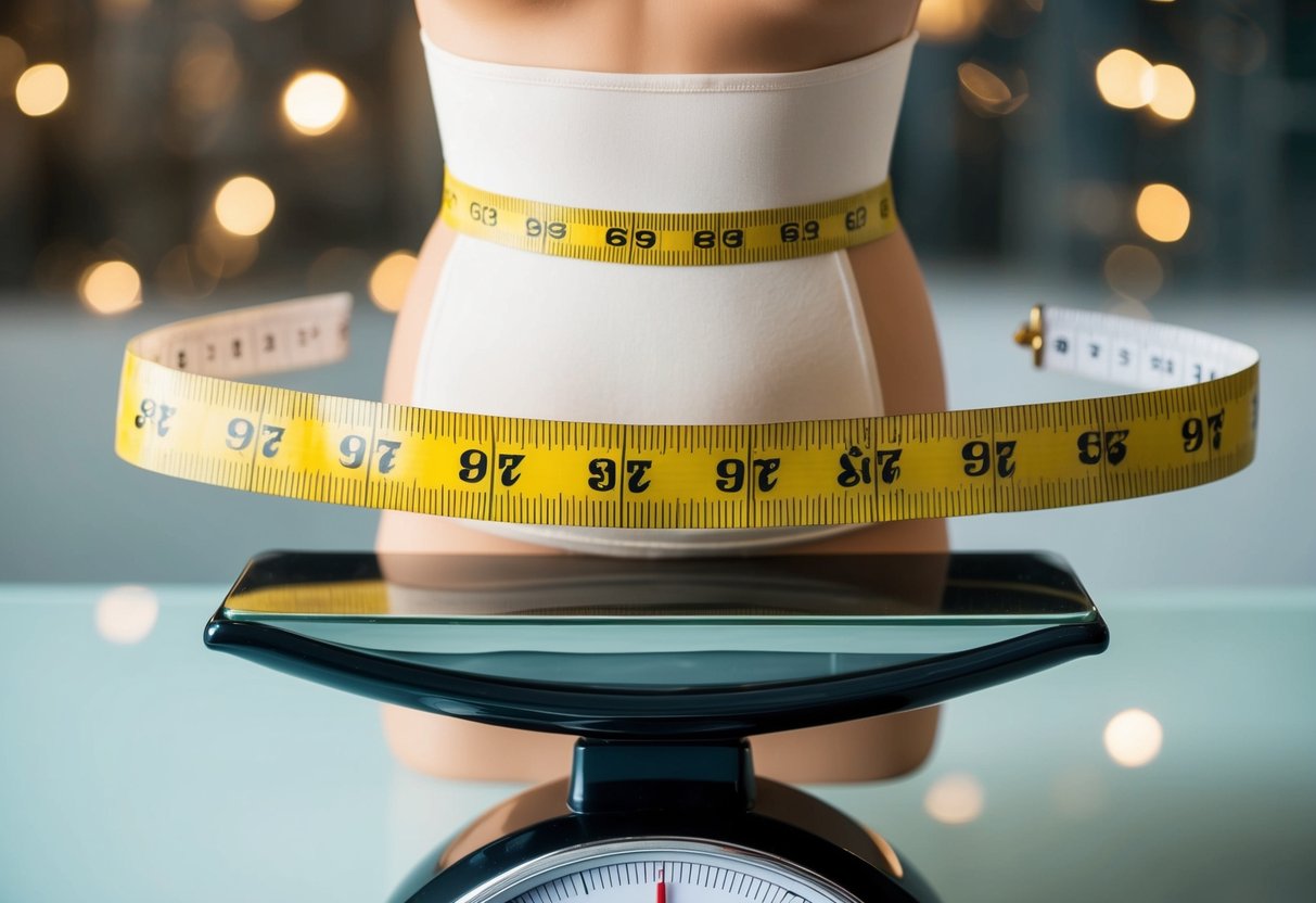 A measuring tape wrapped around a smaller dress size, with a scale showing weight loss