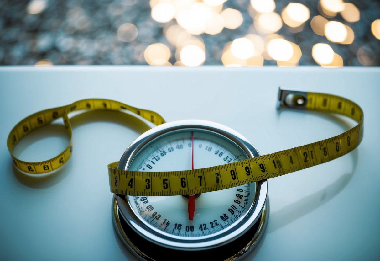 A scale with a measuring tape wrapped around it, showing the number of pounds lost to drop a dress size
