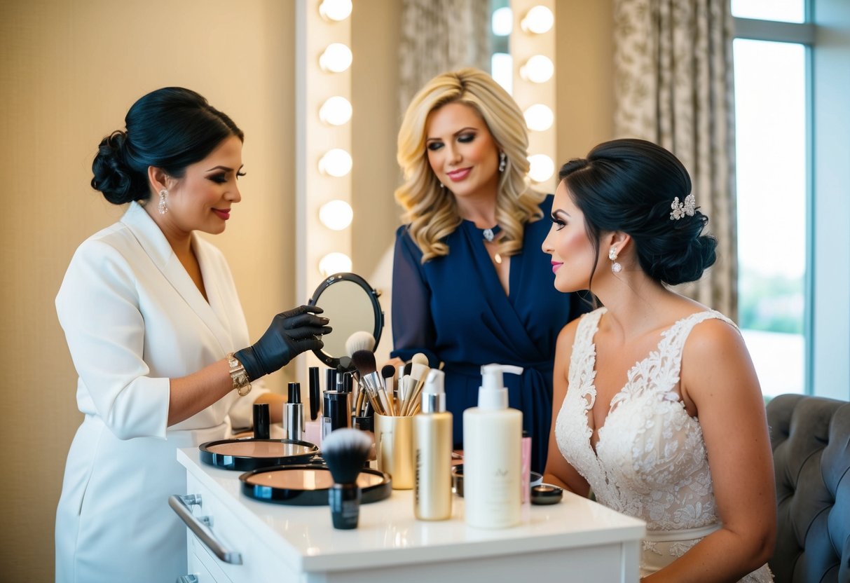 A hairstylist and makeup artist prepare a luxurious beauty station for the mother of the groom