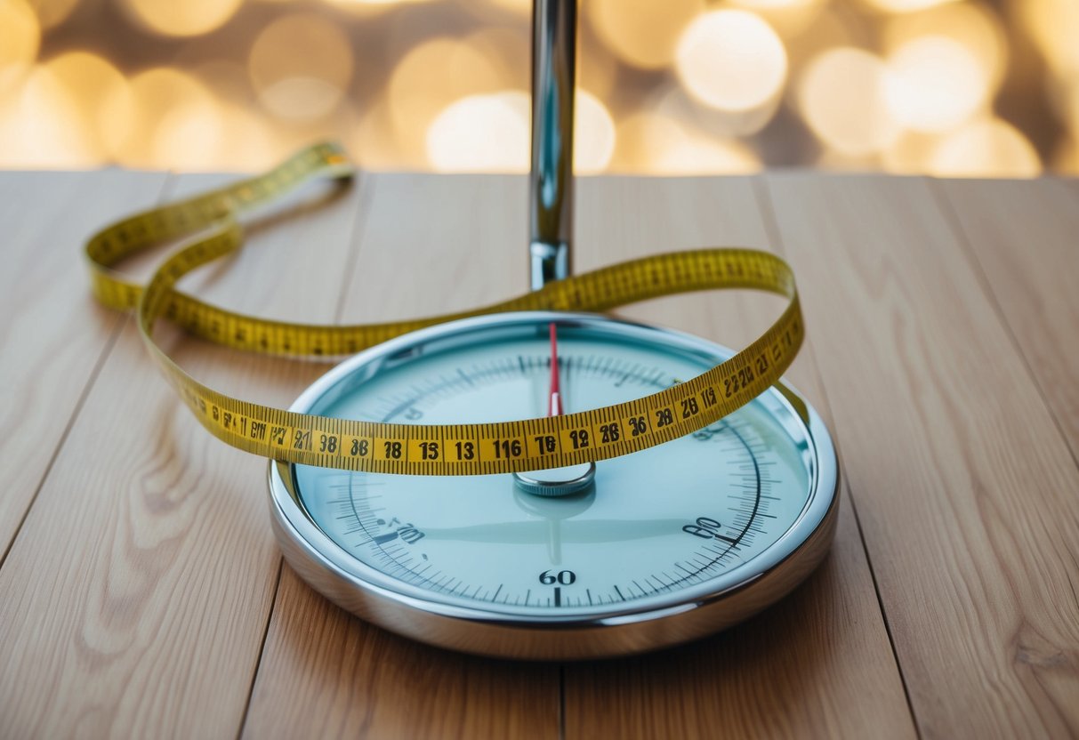 A scale with a measuring tape wrapped around it, showing a decrease in weight and a smaller dress size