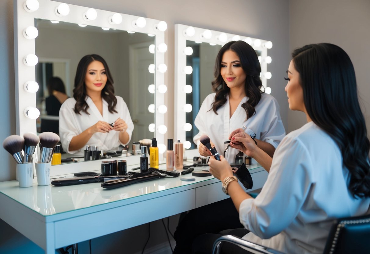 A hairstylist and makeup artist prepare their tools and products on a clean, well-lit vanity table, ready to work on a client