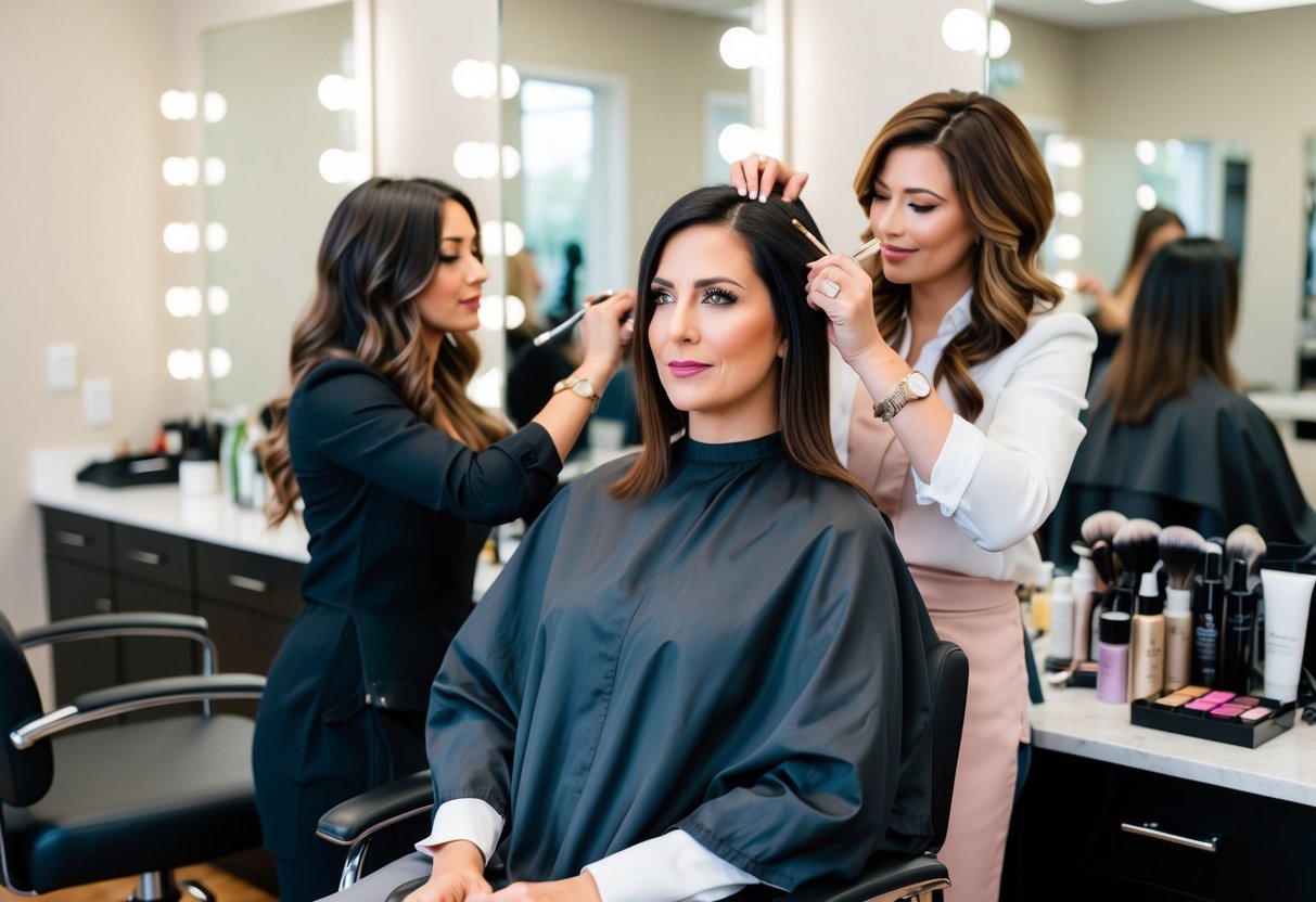 A mother sits in a chair at a salon, surrounded by hair and makeup products. A stylist works on her hair while another applies makeup