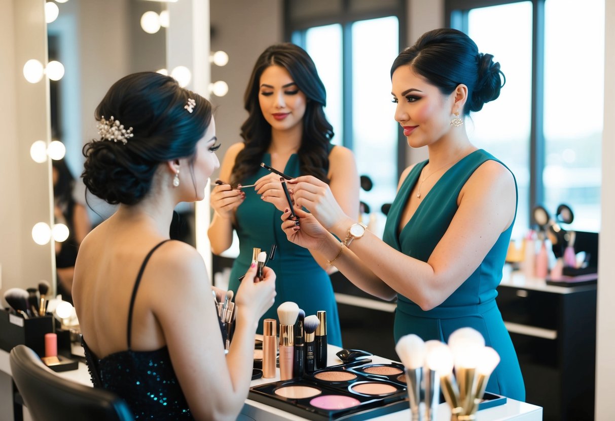 A hairstylist and makeup artist work on a glamorous beauty setup for a special occasion