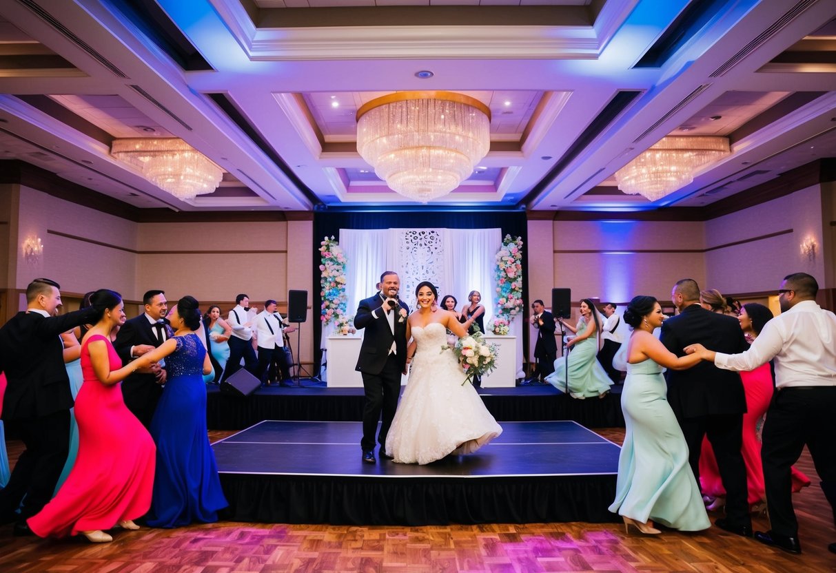 A wedding venue with a stage and microphone, surrounded by dancing guests and colorful decorations