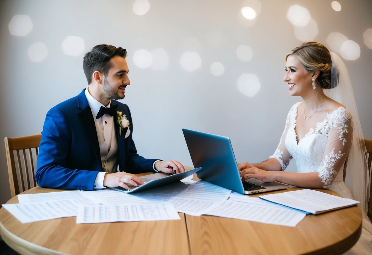 A bride and groom sit at a table, surrounded by sheet music and a laptop, discussing and selecting songs for their wedding ceremony
