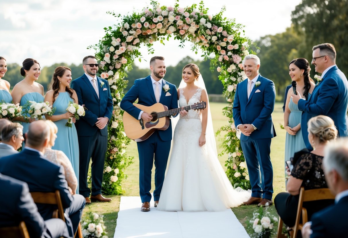A bride and groom stand beneath a floral arch, surrounded by friends and family. A musician plays a guitar, while a singer performs their signature song