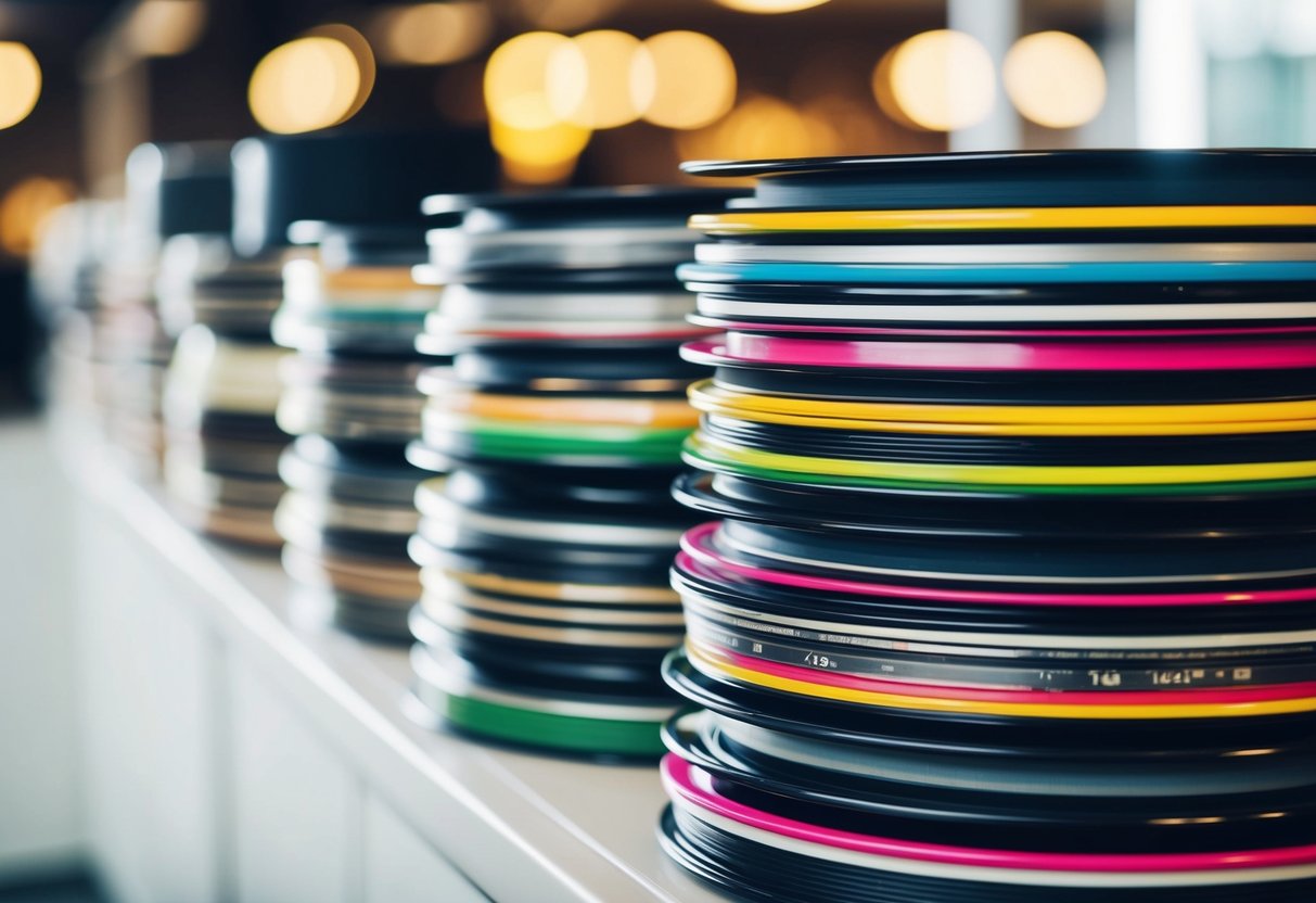 A stack of vinyl records arranged in a neat row, with colorful album covers facing outward