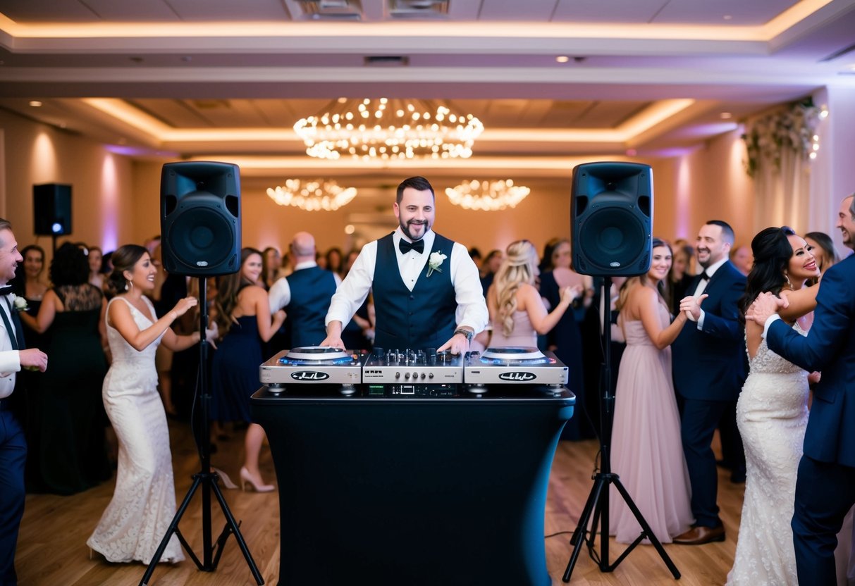 A wedding DJ stands behind a booth, surrounded by a dancing crowd. The venue is elegantly decorated, with twinkling lights and floral arrangements