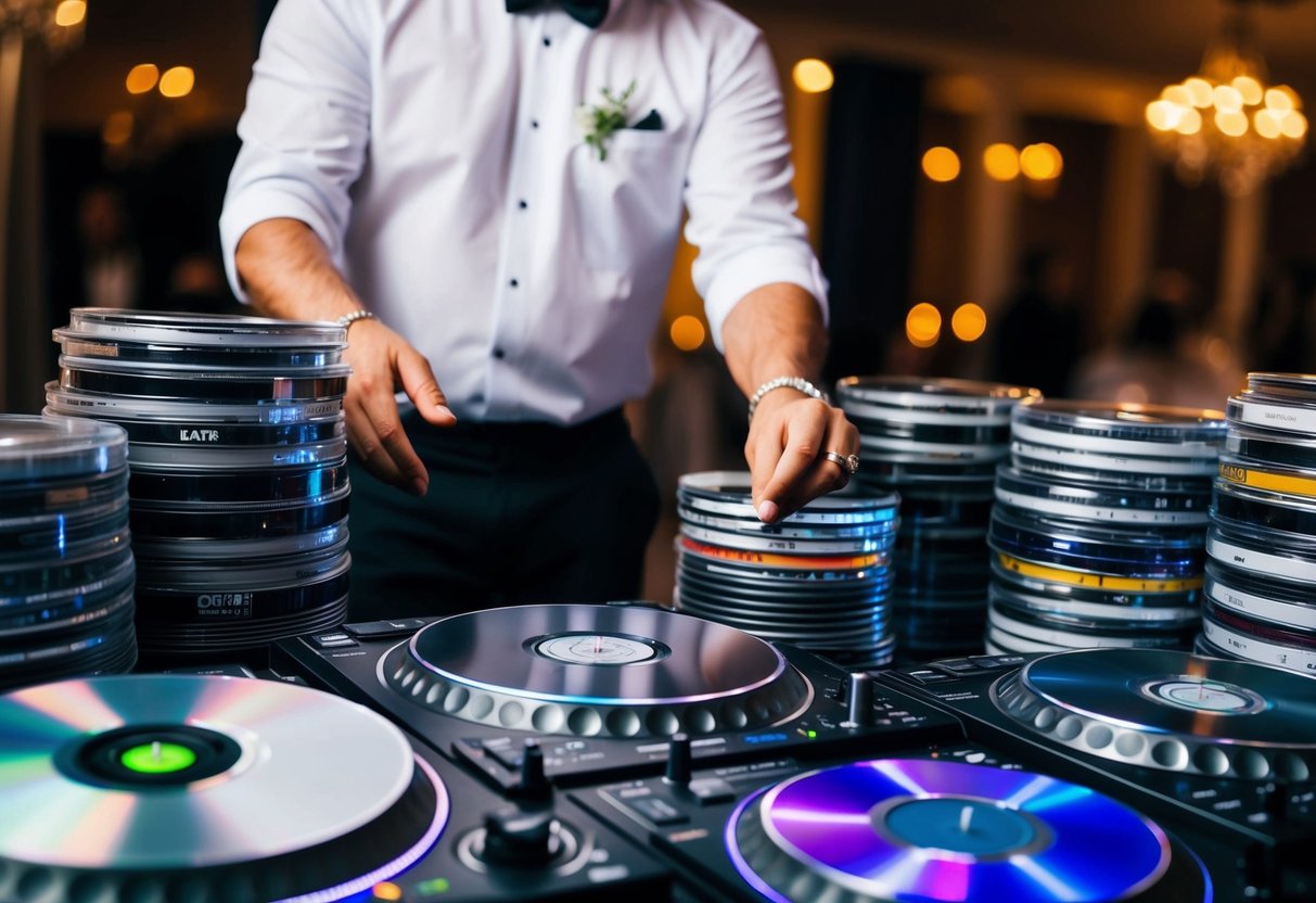 A wedding DJ surrounded by piles of music CDs, carefully selecting the perfect songs for key moments