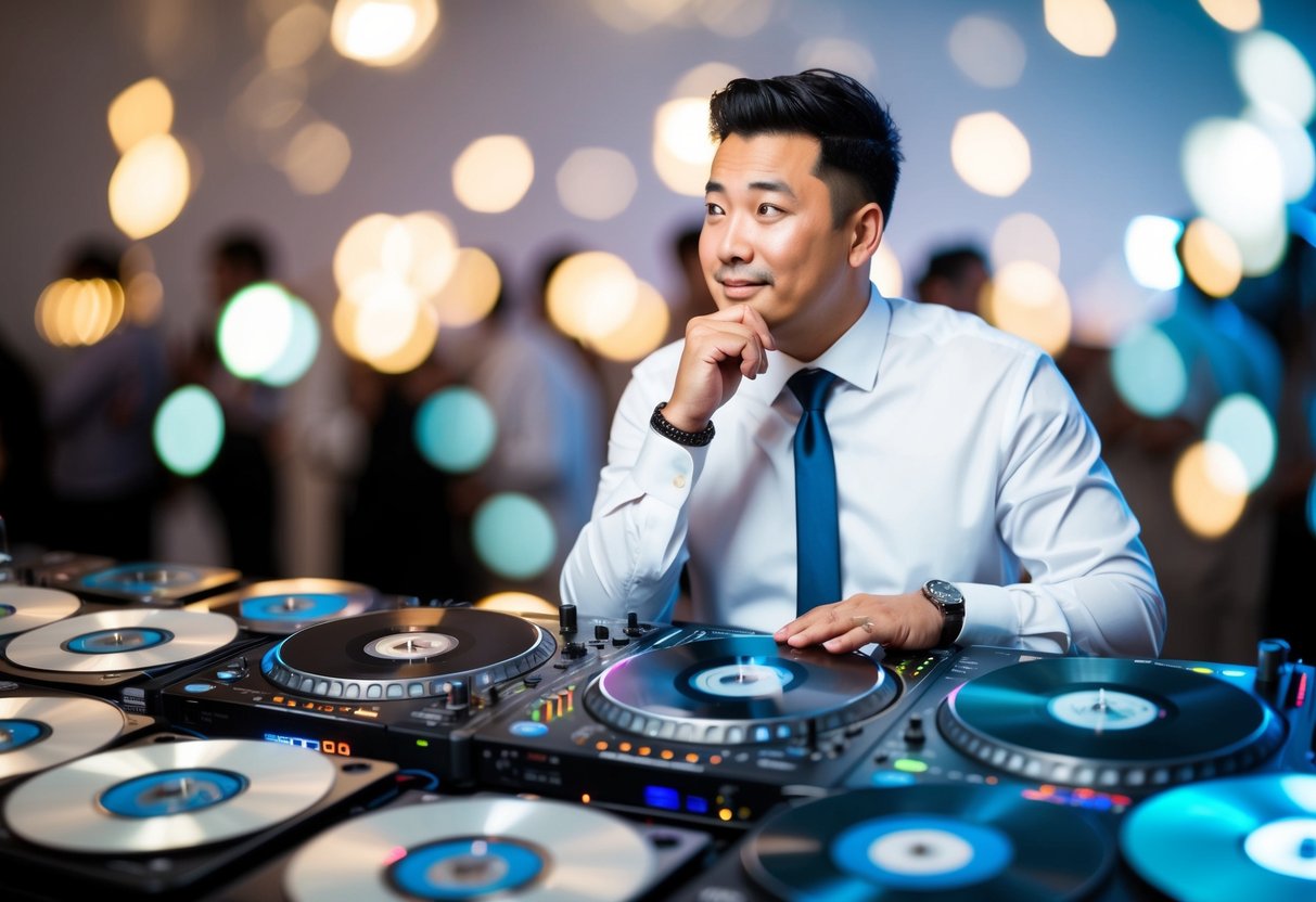 A wedding DJ surrounded by a variety of music records and CDs, with a thoughtful expression while considering the quantity of songs for the event