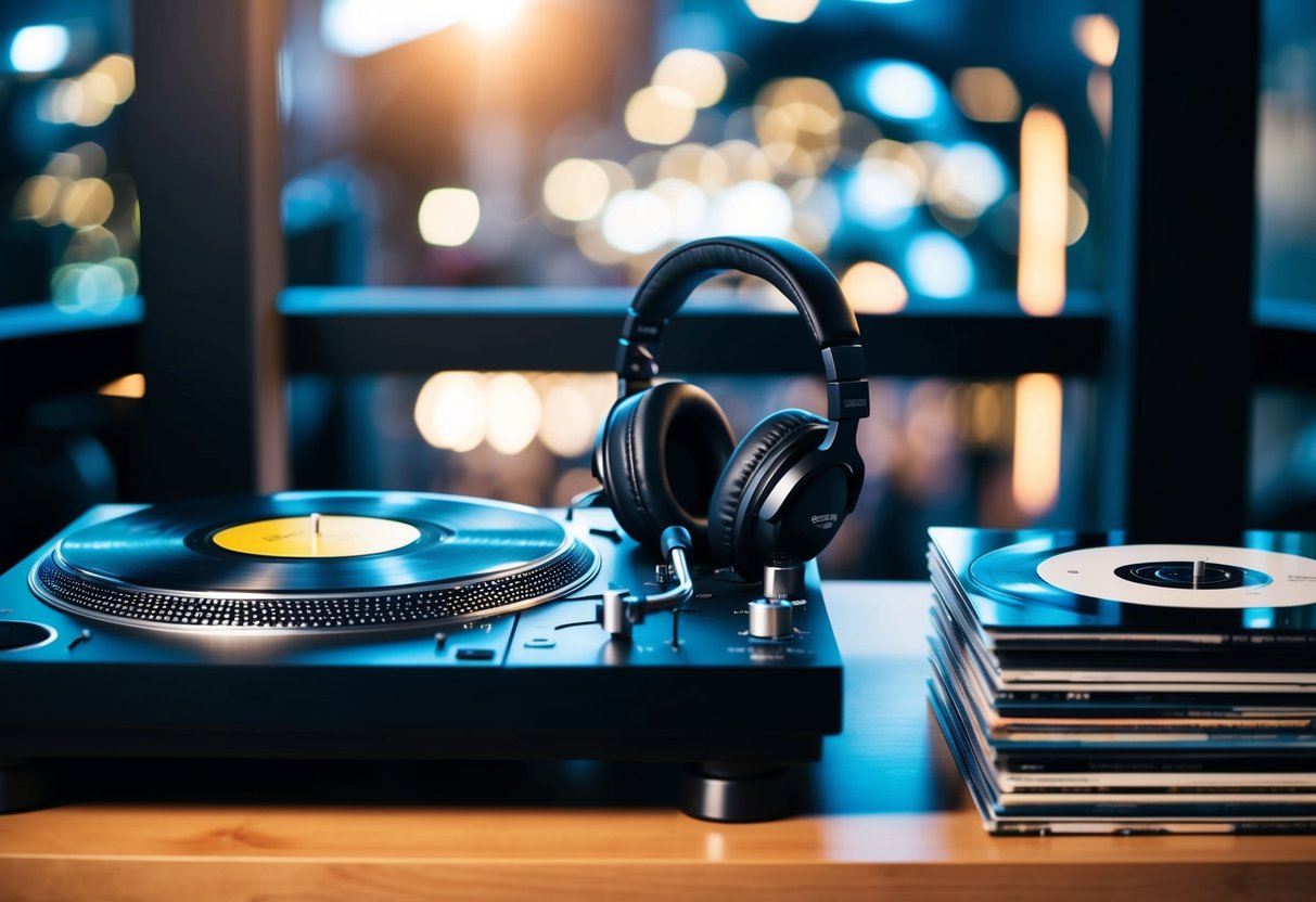 A DJ booth with a turntable, headphones, and a stack of vinyl records