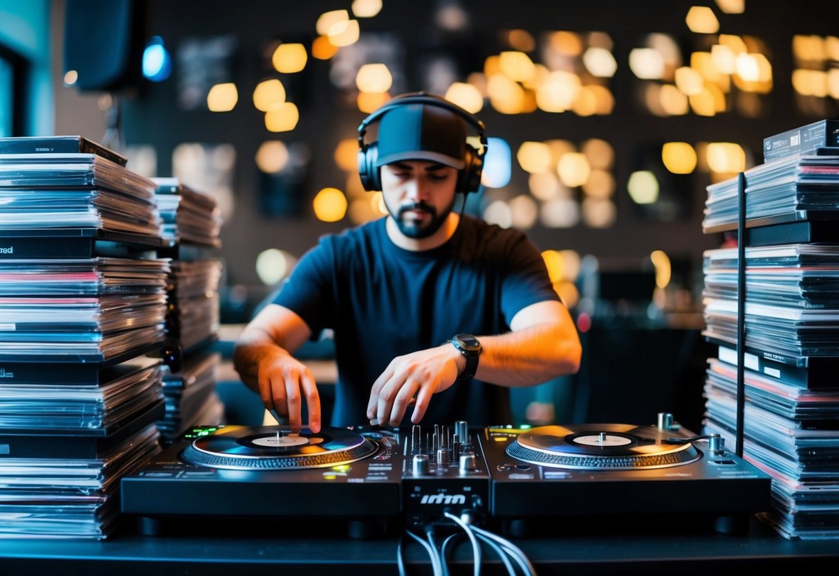 A DJ surrounded by stacks of vinyl records and digital music files, selecting and organizing tracks for a one-hour set