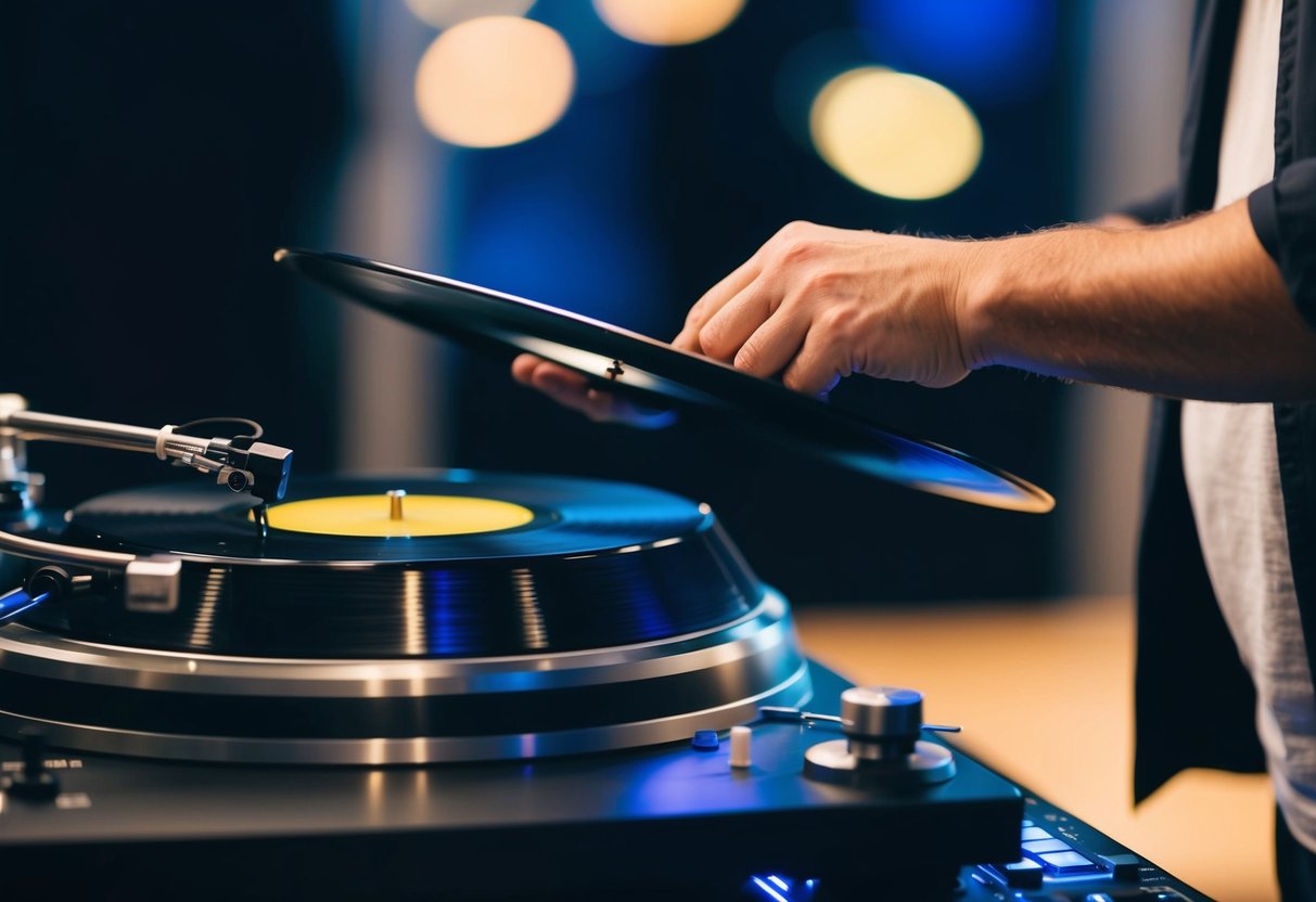 A DJ selecting and arranging vinyl records on a turntable for a one-hour set