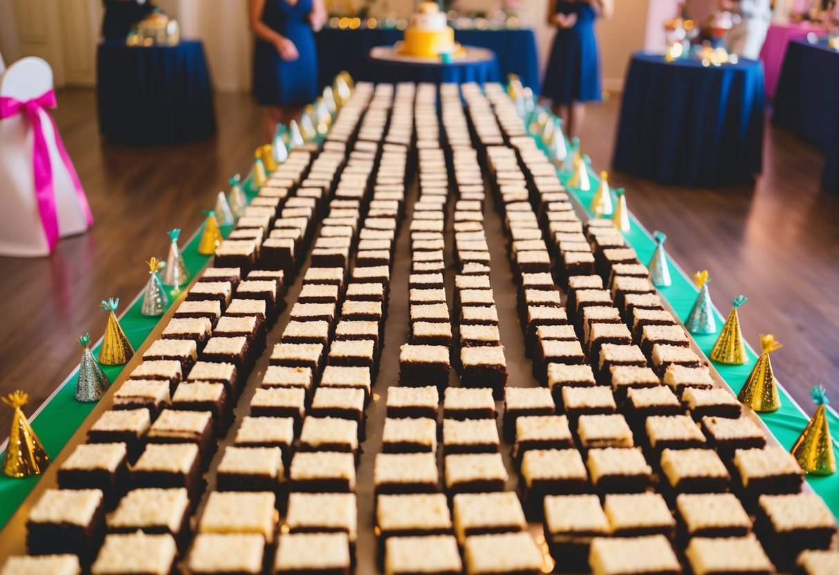 A large table with 80 slices of cake arranged in neat rows, surrounded by festive decorations and party favors