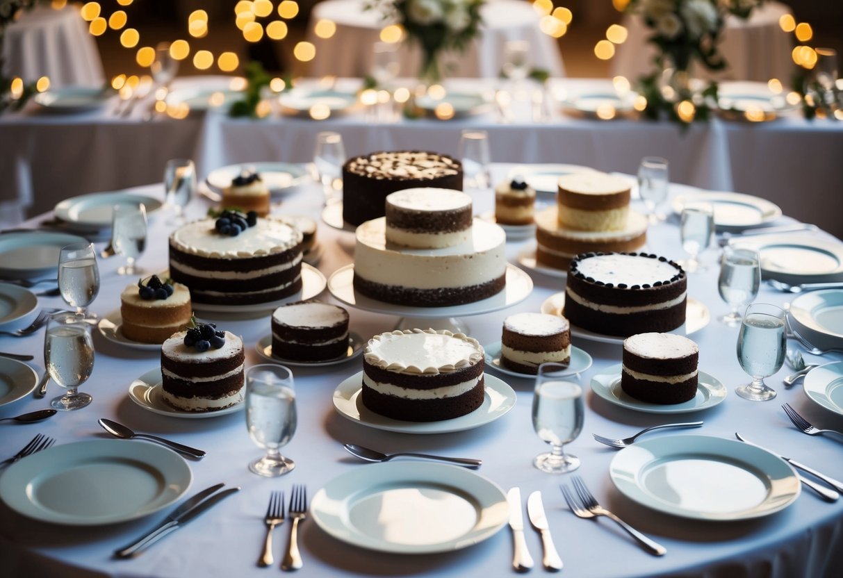 A table set with 10 round cakes of varying sizes, surrounded by 80 place settings with empty plates and utensils