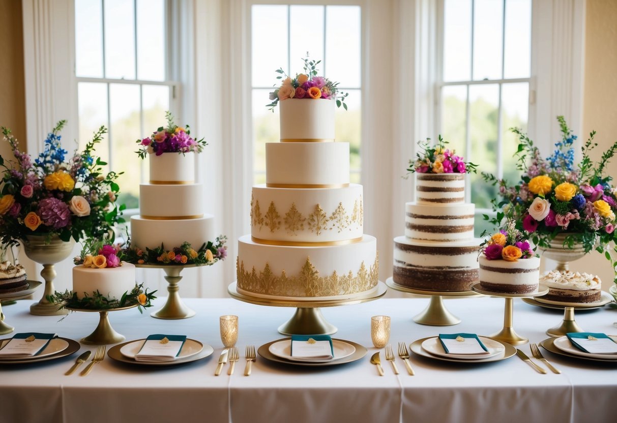 A table set with 10 large, elegantly decorated cakes, surrounded by colorful floral arrangements and elegant serving utensils