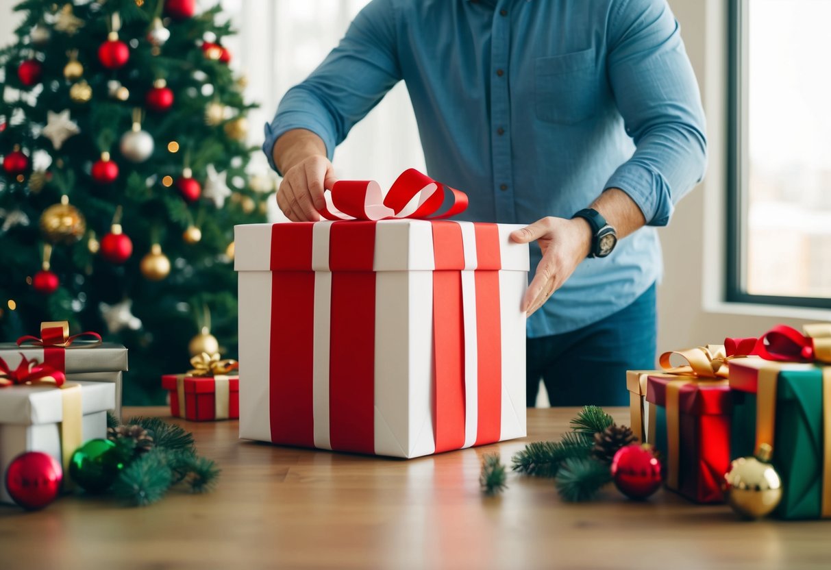 A father placing a large gift box on a table surrounded by festive decorations