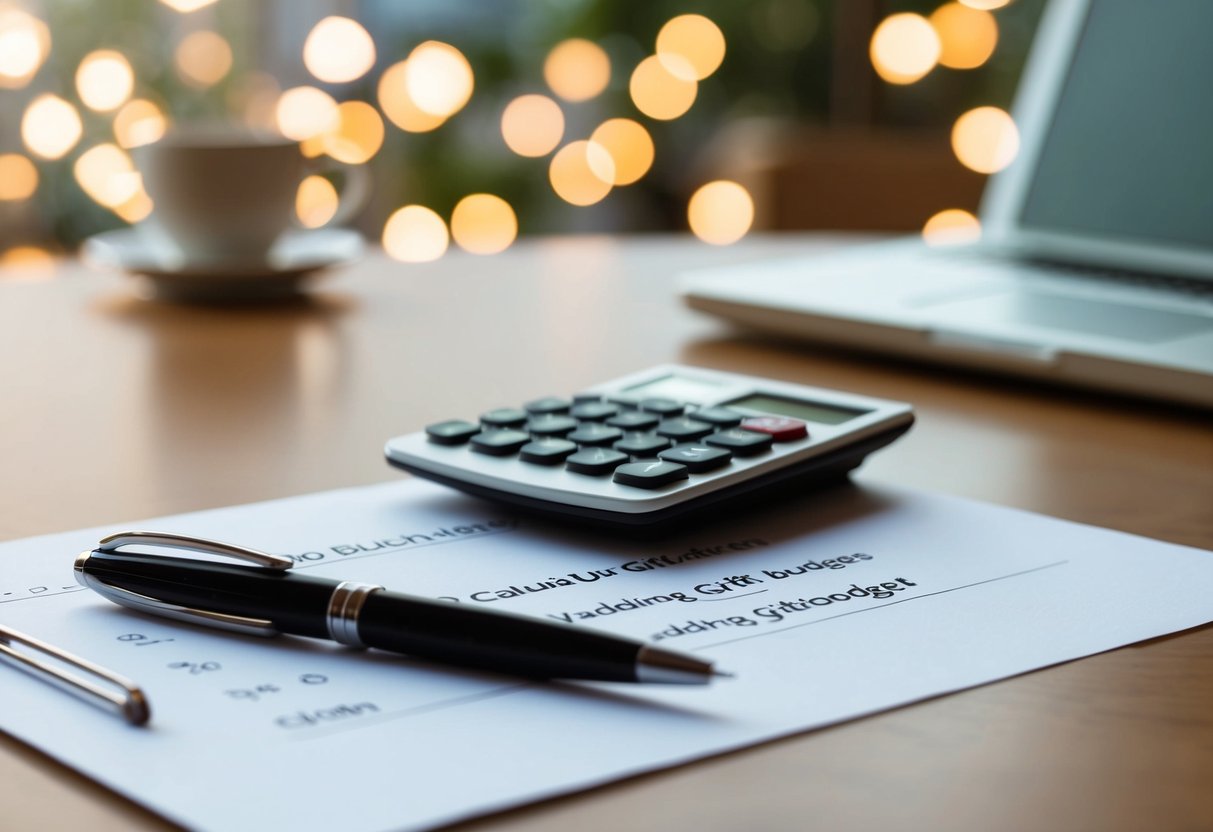 A table with a pen, paper, and calculator to calculate a wedding gift budget