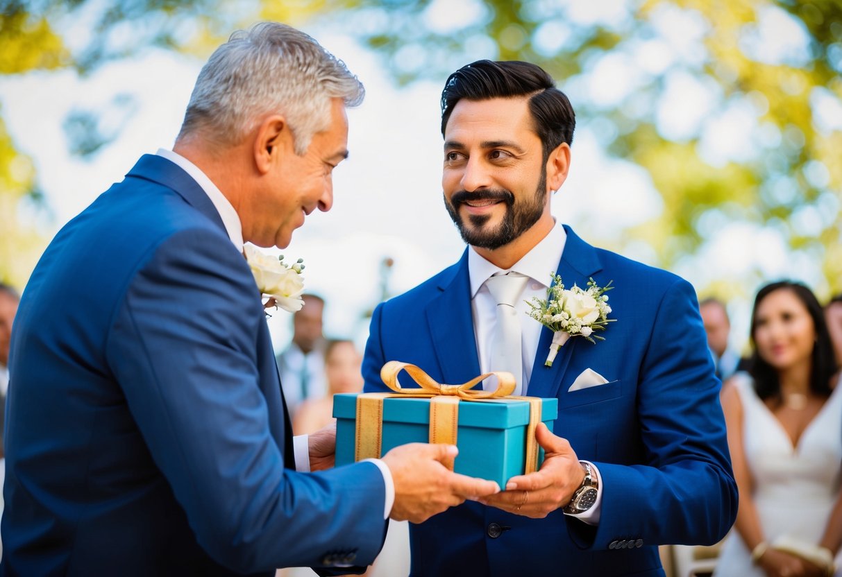 A father handing over a symbolic gift box to his son at his wedding, with a look of pride and love on both their faces