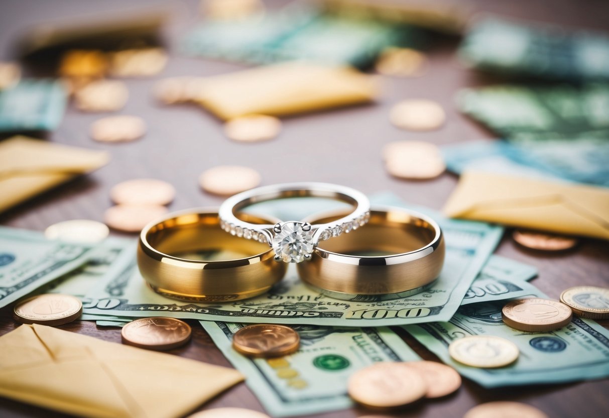 A pair of elegant wedding rings surrounded by a scattering of cash and envelopes