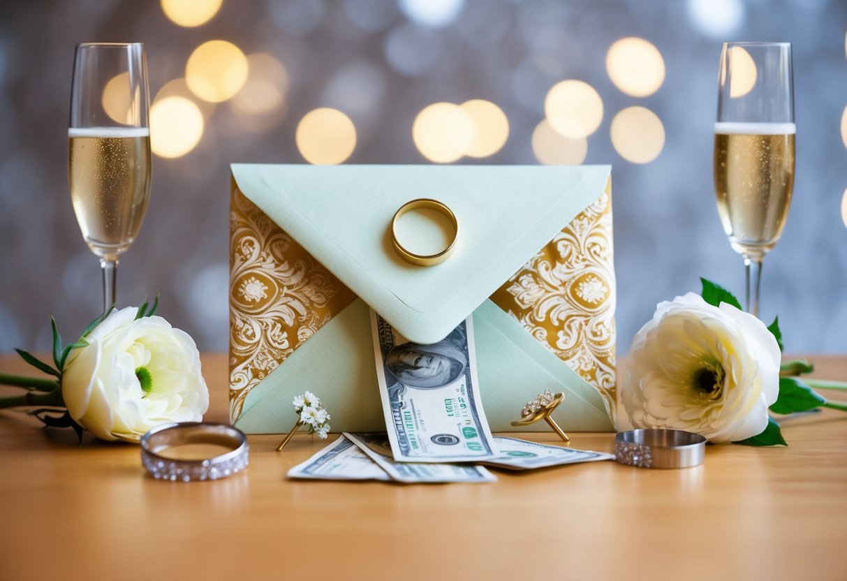 A decorative envelope with cash spilling out, surrounded by wedding symbols like rings, flowers, and champagne glasses