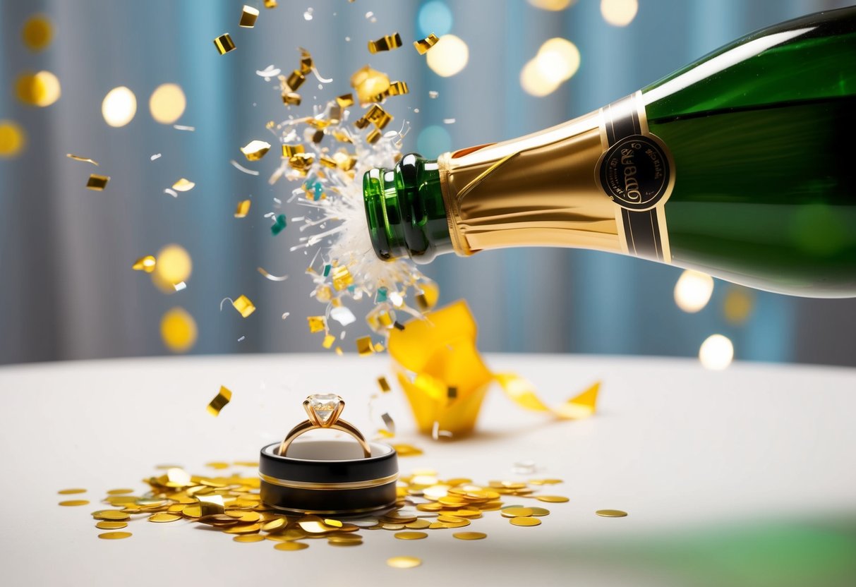 A champagne bottle popping with confetti and a ring on a table