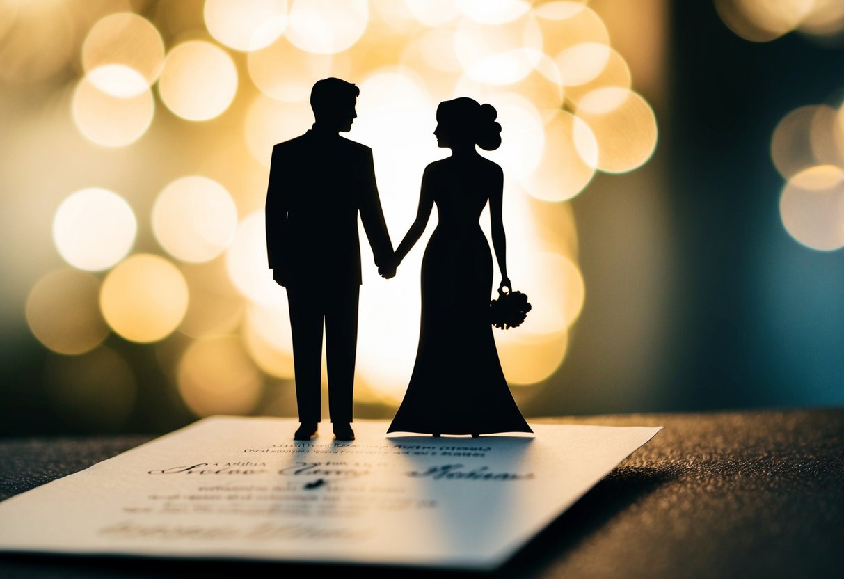 A couple's silhouette standing together, holding hands, with a wedding invitation in the foreground