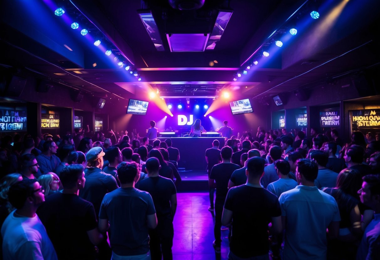 A crowded nightclub with a DJ booth in the center, colorful lights flashing and music blaring. A line of people waiting to enter, and a sign advertising the DJ's name