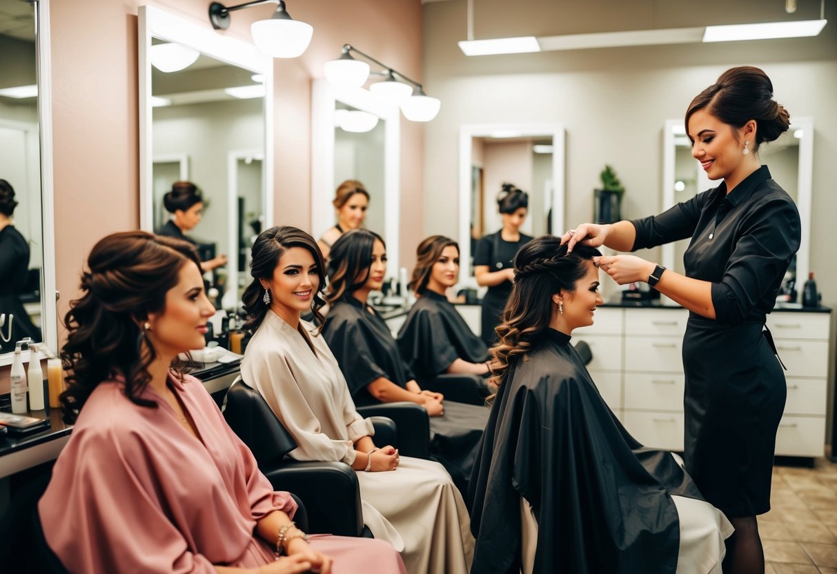 A group of bridesmaids sitting in a salon, getting their hair styled and paying the hairstylist