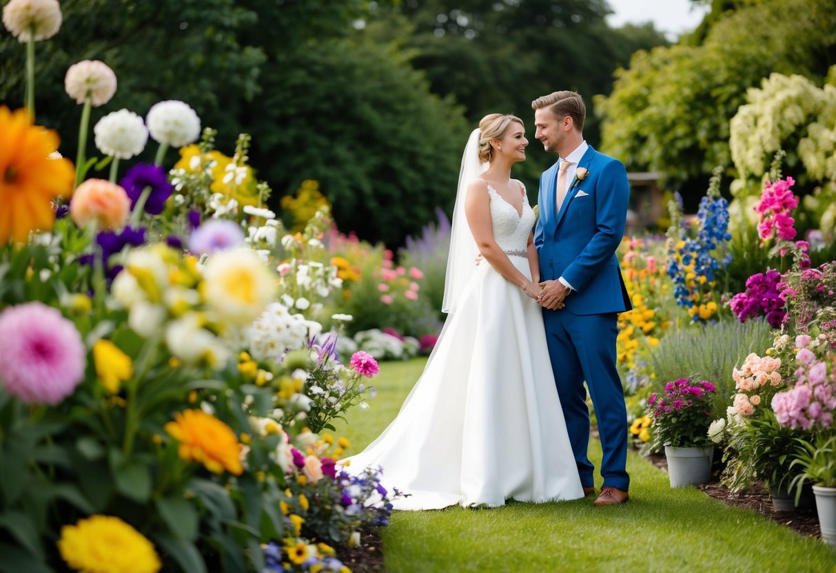 A bride and groom stand in a garden surrounded by various colored flowers, contemplating a color theme for their wedding
